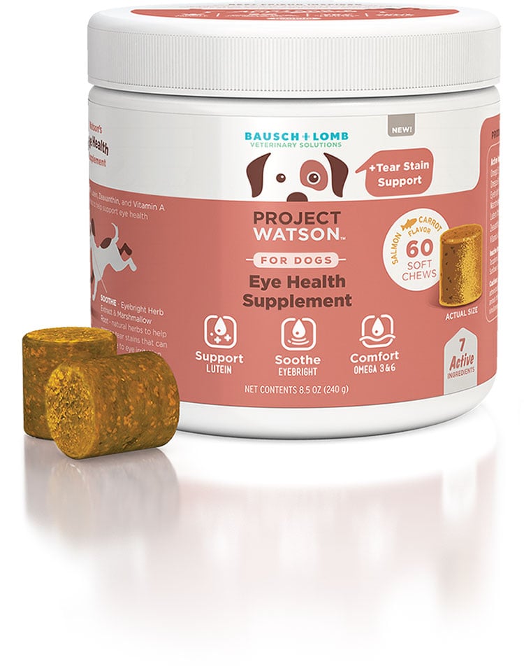 A container of Project Watson For Dogs Eye Health Supplement and Tear Stain Support