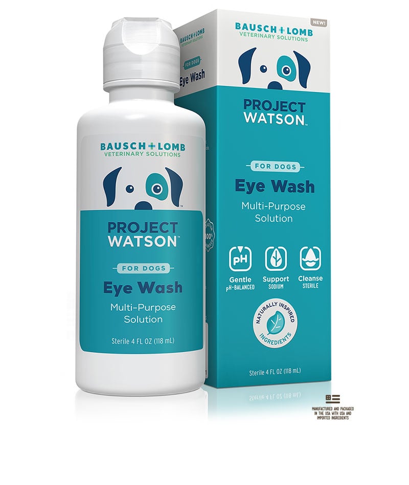 A bottle of Project Watson For Dogs Eye Wash sits next to its packaging.