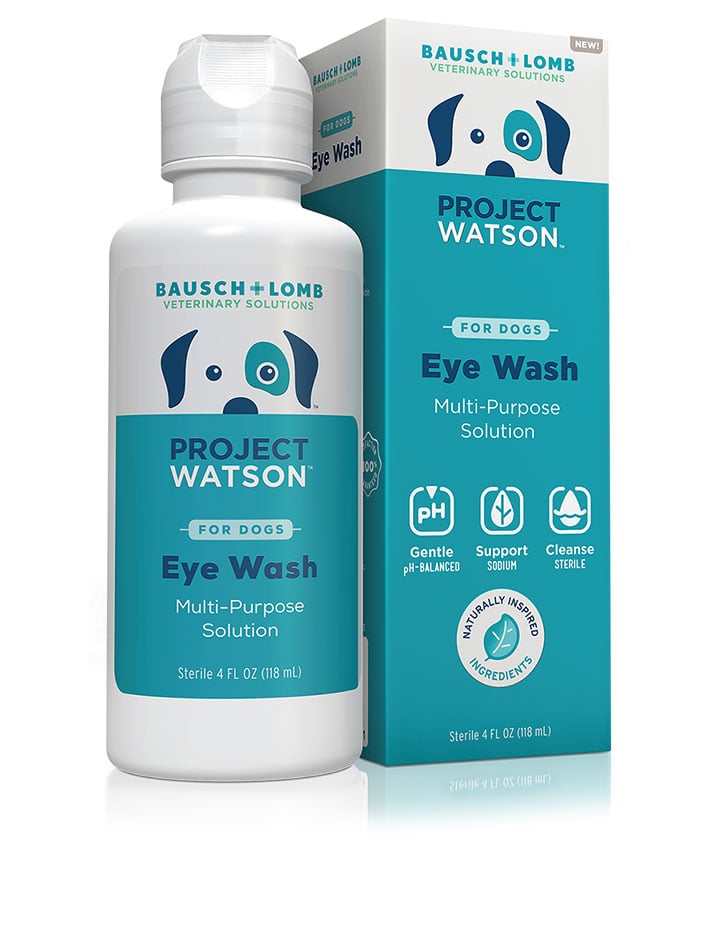 A bottle of Project Watson For Dogs Eye Wash sits next to its packaging.