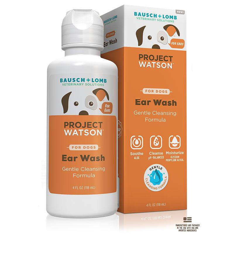 A bottle of Project Watson For Dogs Eye Wash sits next to its packaging.