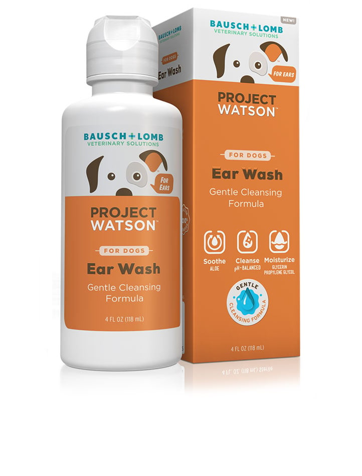 A bottle of Project Watson For Dogs Ear Wash sits next to its packaging.